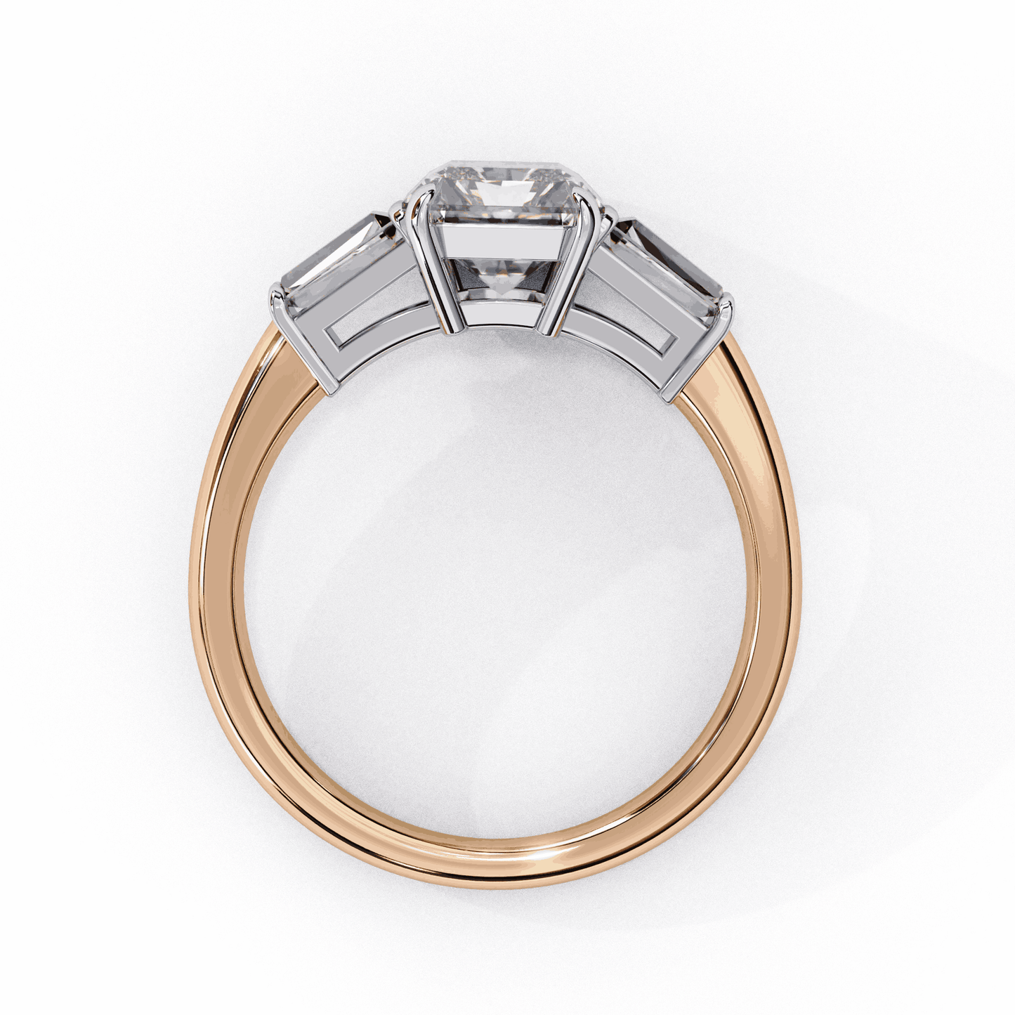 Emerald Cut Lab Grown Diamond Three Stone Engagement Ring with Tapered Baguette Sides