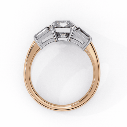 Emerald Cut Lab Grown Diamond Three Stone Engagement Ring with Tapered Baguette Sides