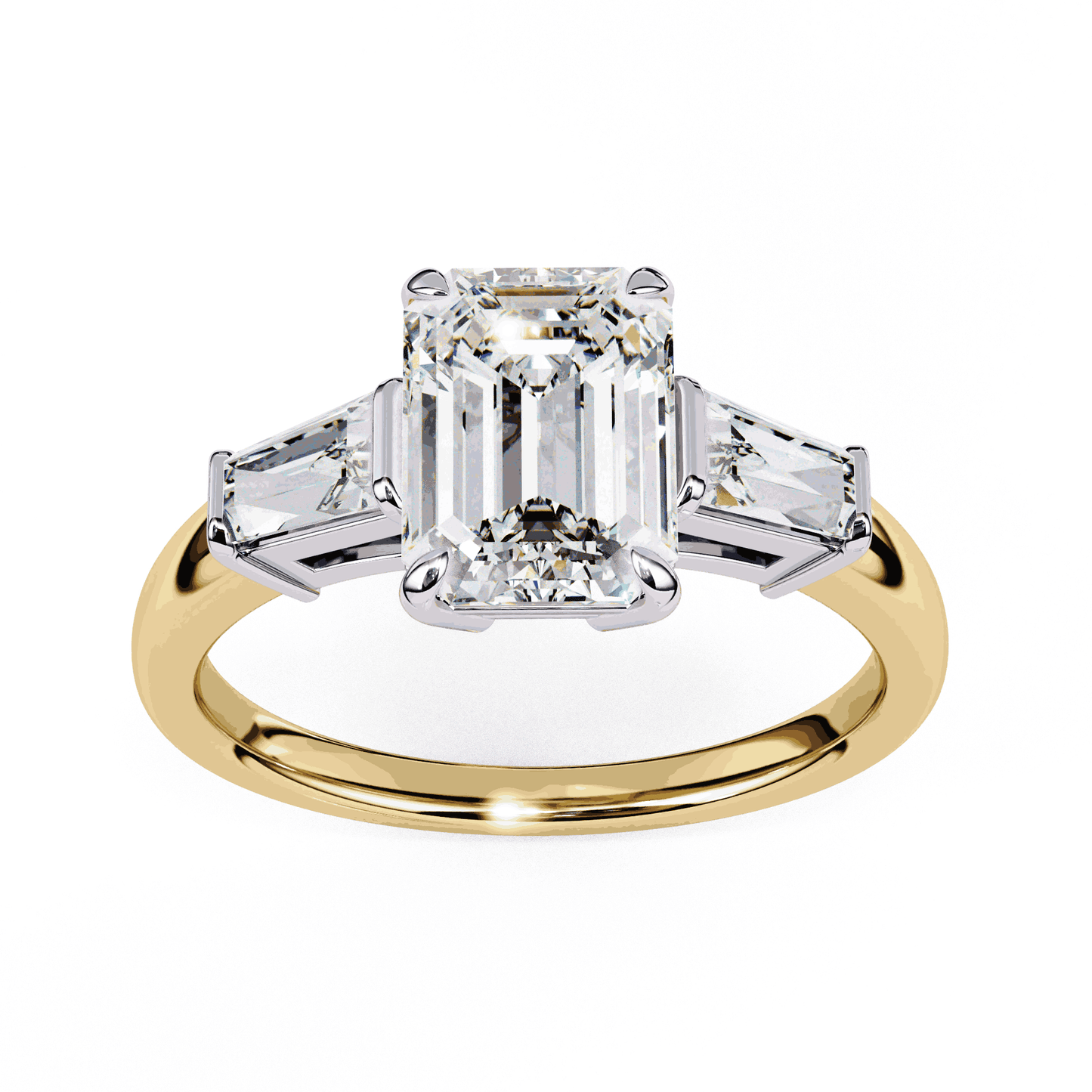 Emerald Cut Lab Grown Diamond Three Stone Engagement Ring with Tapered Baguette Sides