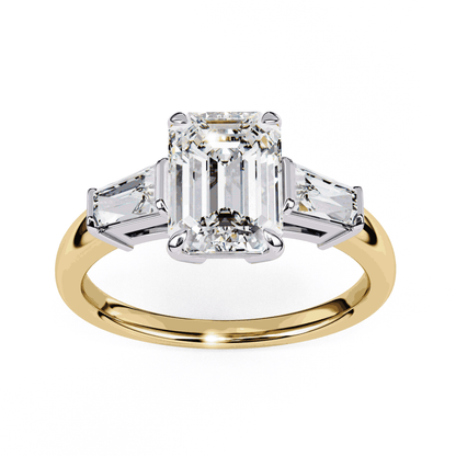 Emerald Cut Lab Grown Diamond Three Stone Engagement Ring with Tapered Baguette Sides