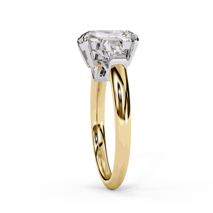 Emerald Cut Lab Grown Diamond Three Stone Engagement Ring with Tapered Baguette Sides