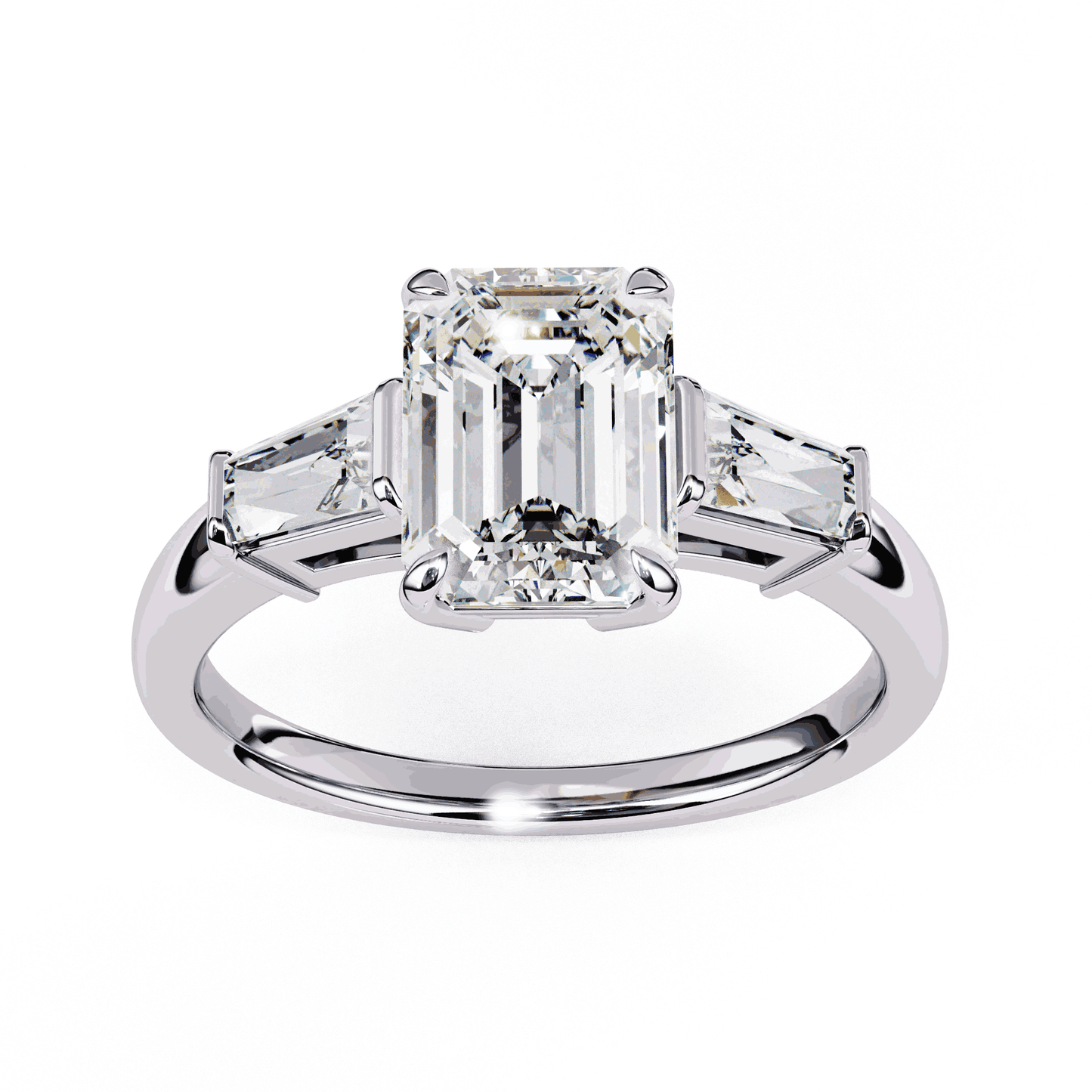 Emerald Cut Lab Grown Diamond Three Stone Engagement Ring with Tapered Baguette Sides