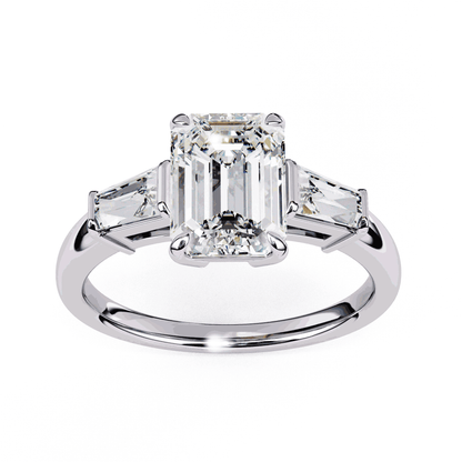 Emerald Cut Lab Grown Diamond Three Stone Engagement Ring with Tapered Baguette Sides