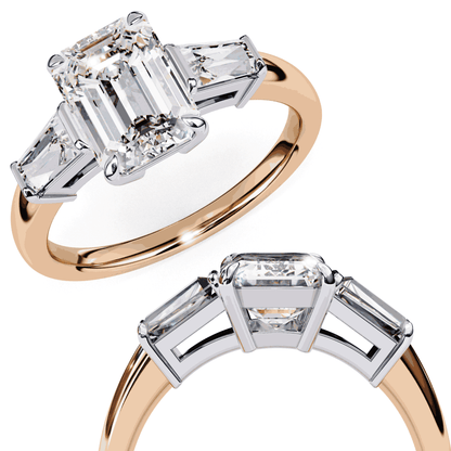 Emerald Cut Lab Grown Diamond Three Stone Engagement Ring with Tapered Baguette Sides