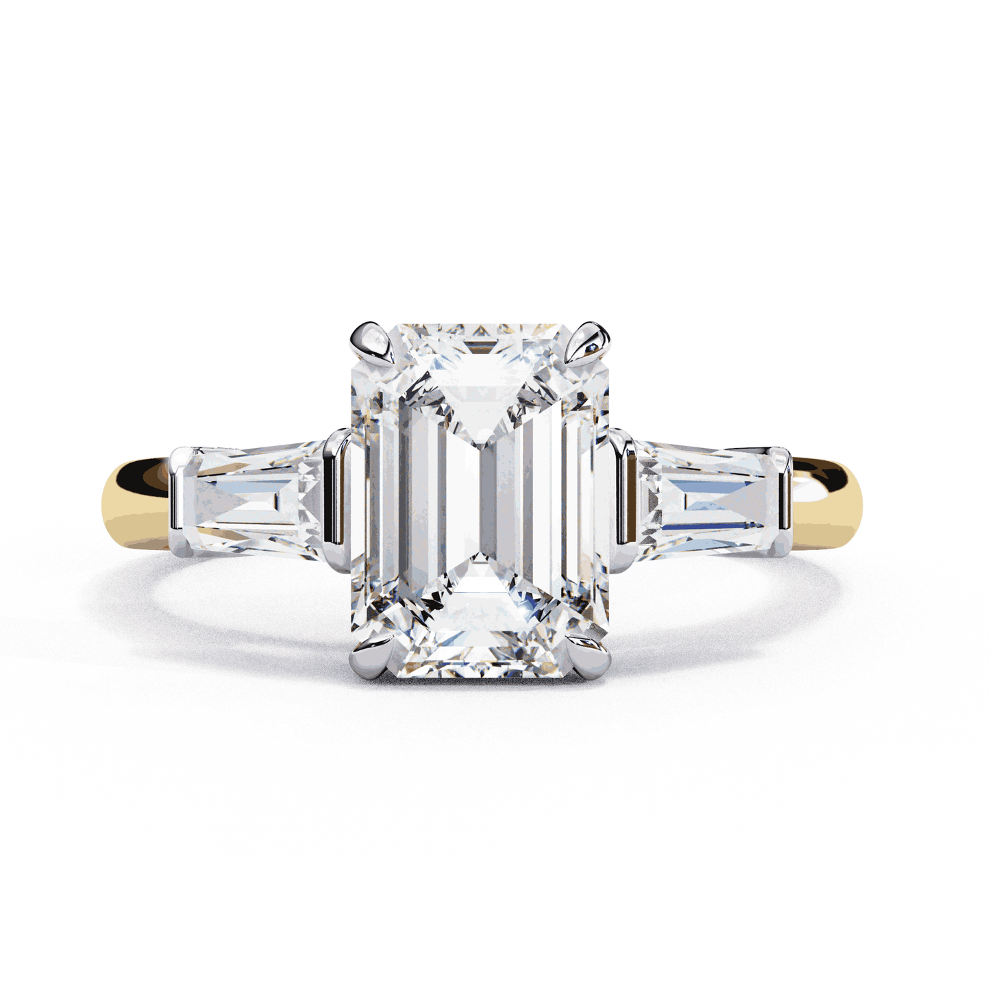 Emerald Cut Lab Grown Diamond Three Stone Engagement Ring with Tapered Baguette Sides