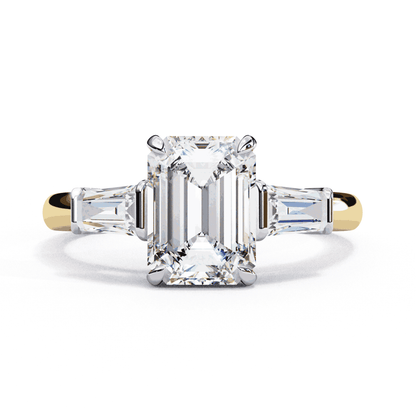 Emerald Cut Lab Grown Diamond Three Stone Engagement Ring with Tapered Baguette Sides