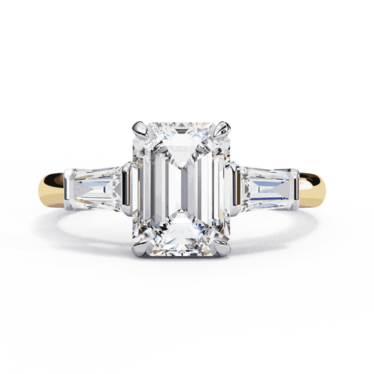 Emerald Cut Lab Grown Diamond Three Stone Engagement Ring with Tapered Baguette Sides