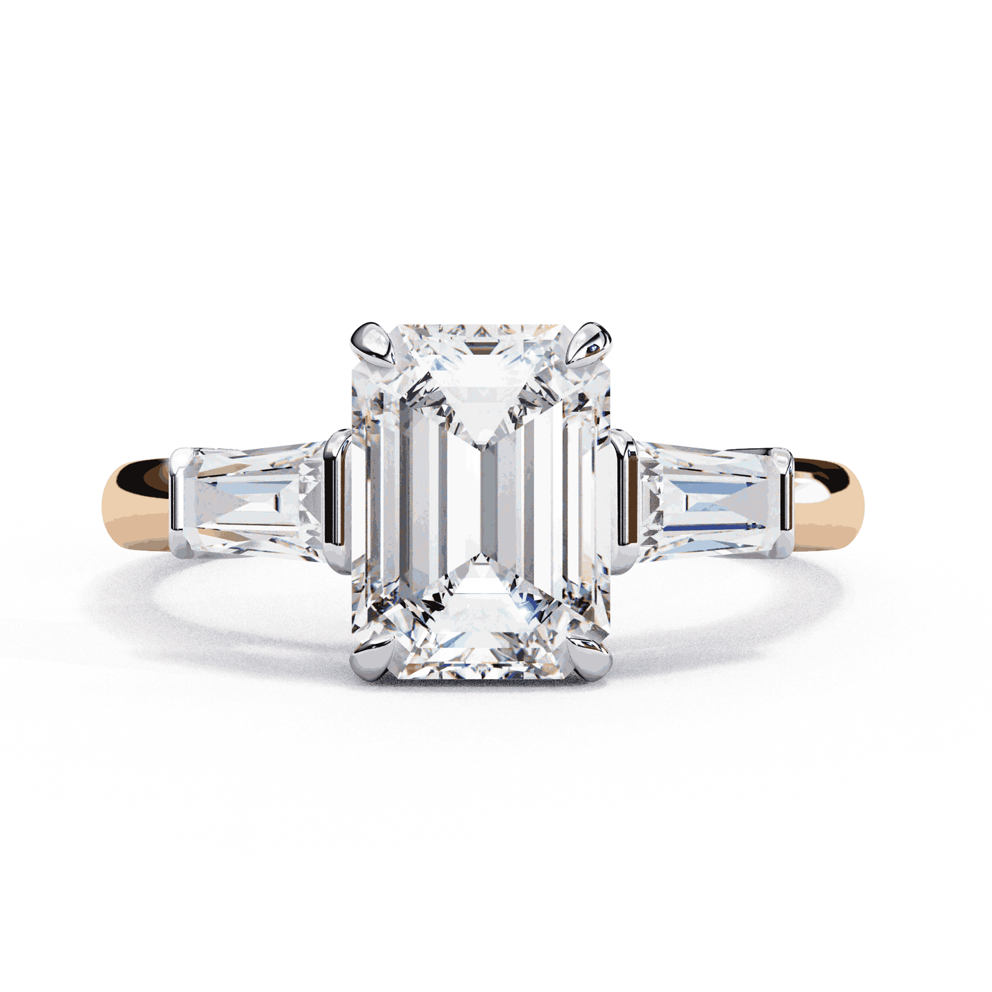 Emerald Cut Lab Grown Diamond Three Stone Engagement Ring with Tapered Baguette Sides