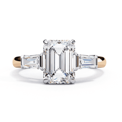 Emerald Cut Lab Grown Diamond Three Stone Engagement Ring with Tapered Baguette Sides