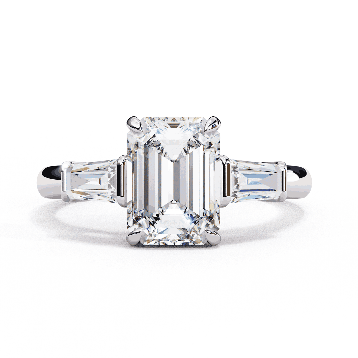 Emerald Cut Lab Grown Diamond Three Stone Engagement Ring with Tapered Baguette Sides