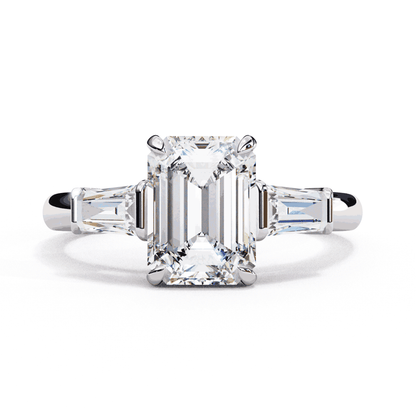 Emerald Cut Lab Grown Diamond Three Stone Engagement Ring with Tapered Baguette Sides