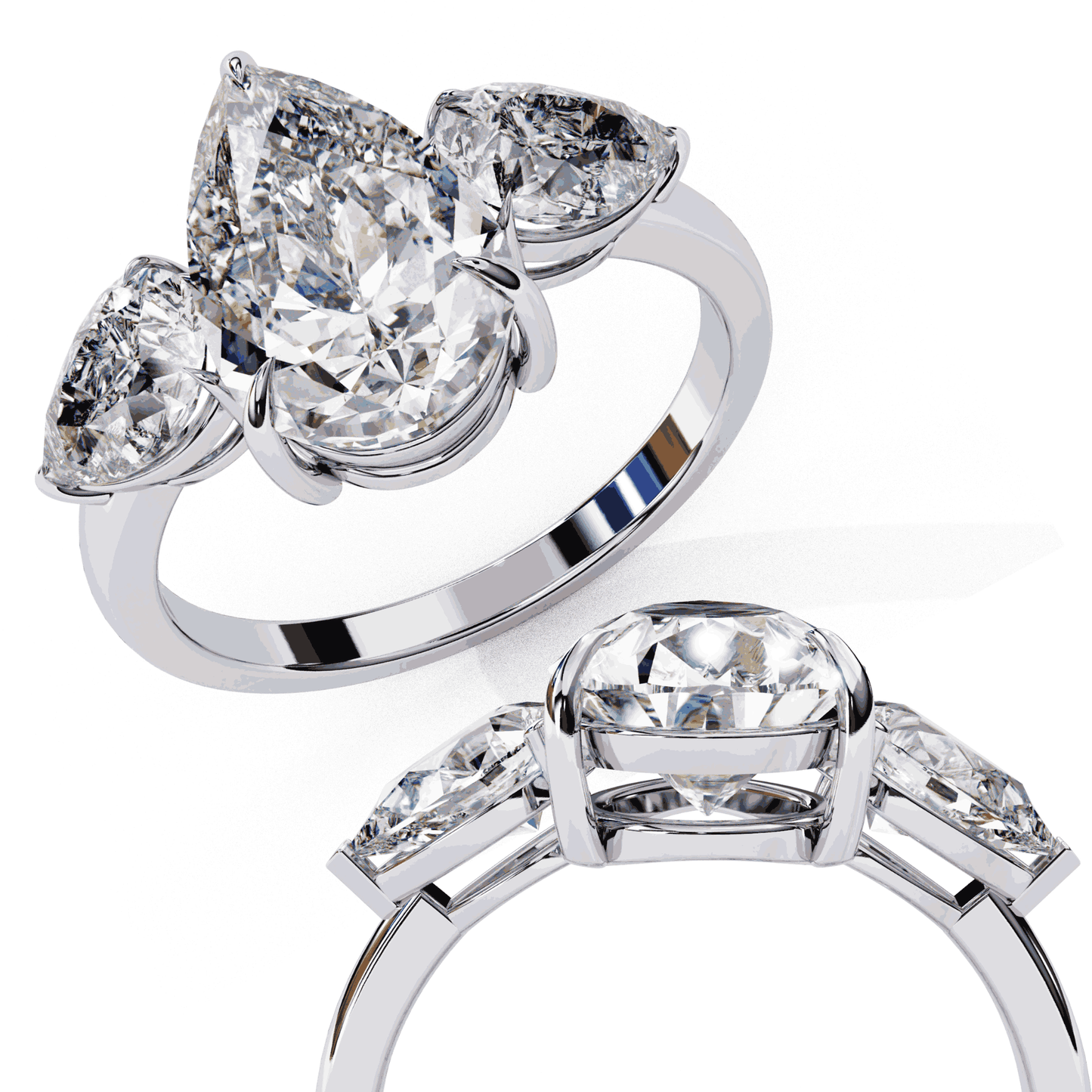 Pear Cut Lab Grown Diamond Three Stone Engagement Ring with Pear Side Stones