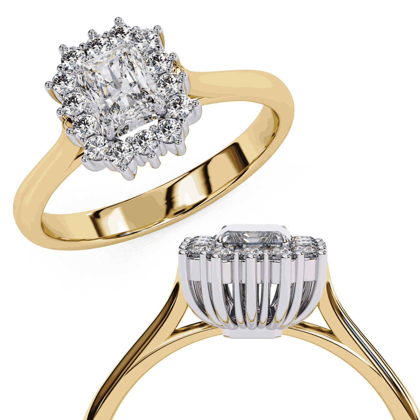 Radiant Cut Lab Grown Diamond Halo Engagement Ring with Vintage Scalloped Halo