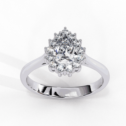 Pear Cut Lab Grown Diamond Halo Engagement Ring with Vintage Scalloped Halo
