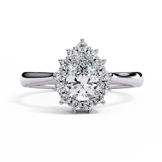 Pear Cut Lab Grown Diamond Halo Engagement Ring with Vintage Scalloped Halo