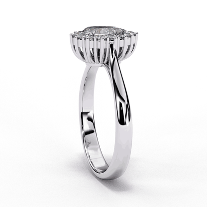 Pear Cut Lab Grown Diamond Halo Engagement Ring with Vintage Scalloped Halo