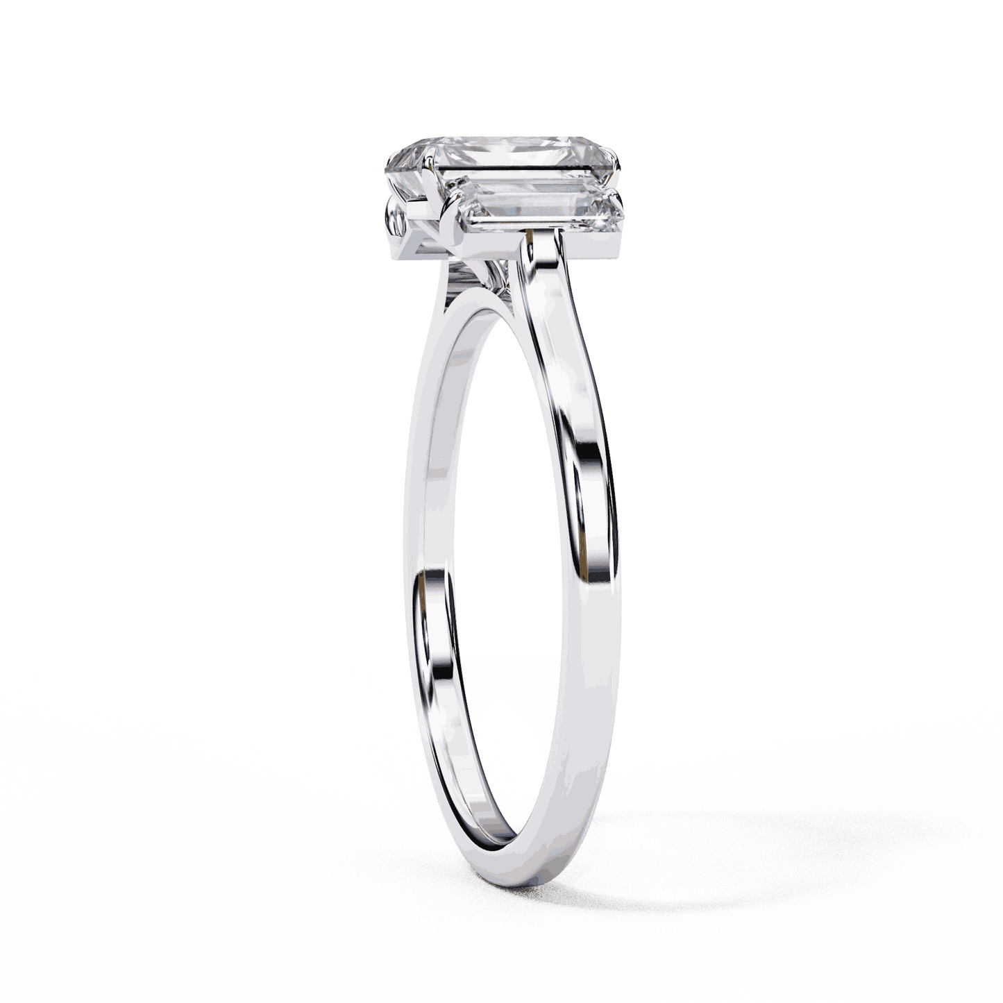 Emerald Cut Lab Grown Diamond Three Stone Engagement Ring with Baguette Side Stones