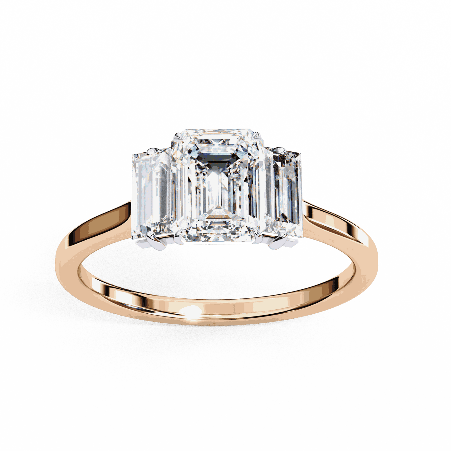 Emerald Cut Lab Grown Diamond Three Stone Engagement Ring with Baguette Side Stones