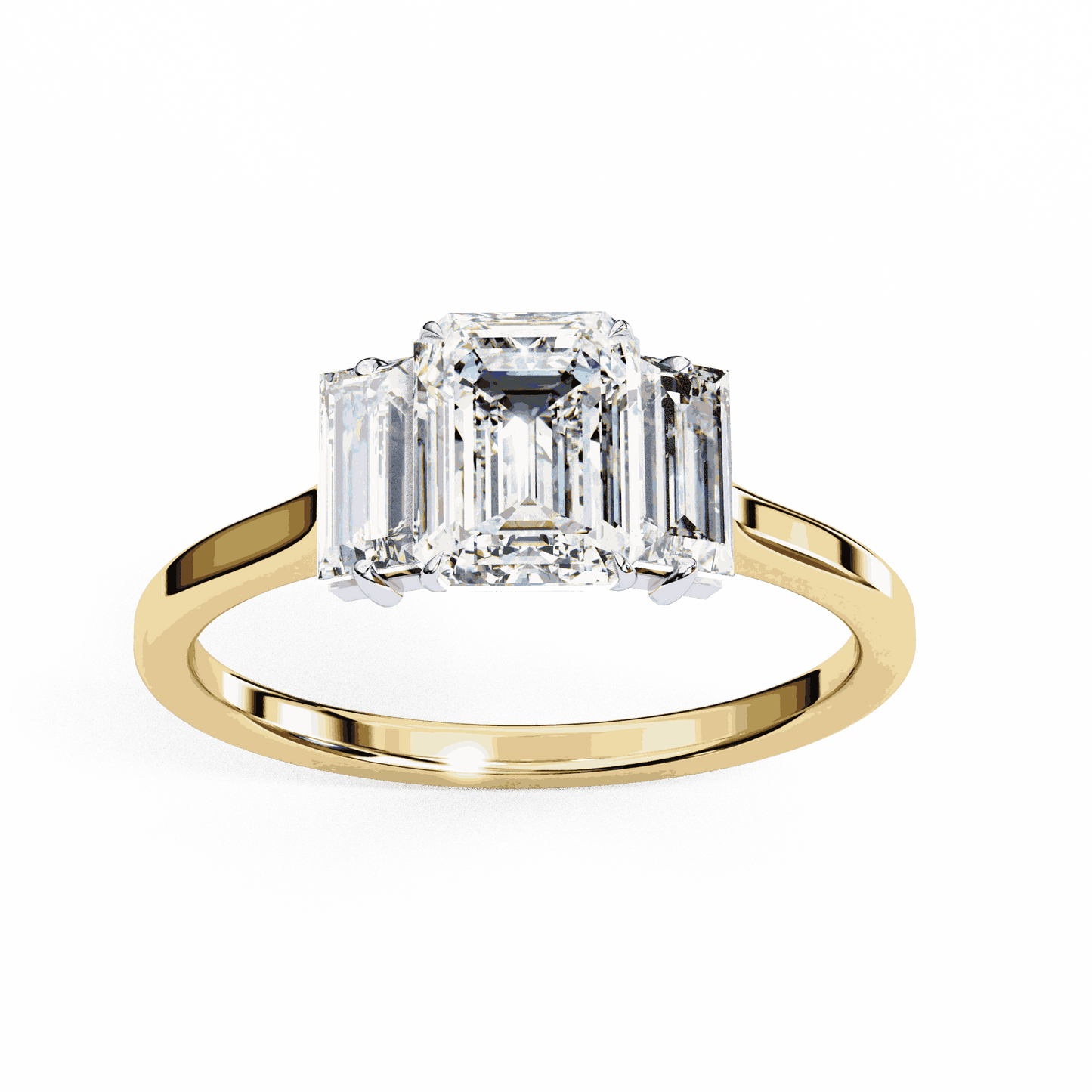 Emerald Cut Lab Grown Diamond Three Stone Engagement Ring with Baguette Side Stones