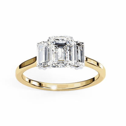 Emerald Cut Lab Grown Diamond Three Stone Engagement Ring with Baguette Side Stones