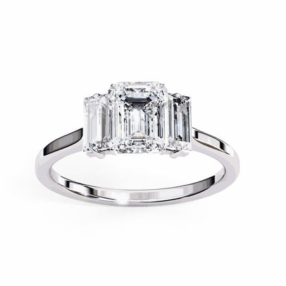 Emerald Cut Lab Grown Diamond Three Stone Engagement Ring with Baguette Side Stones