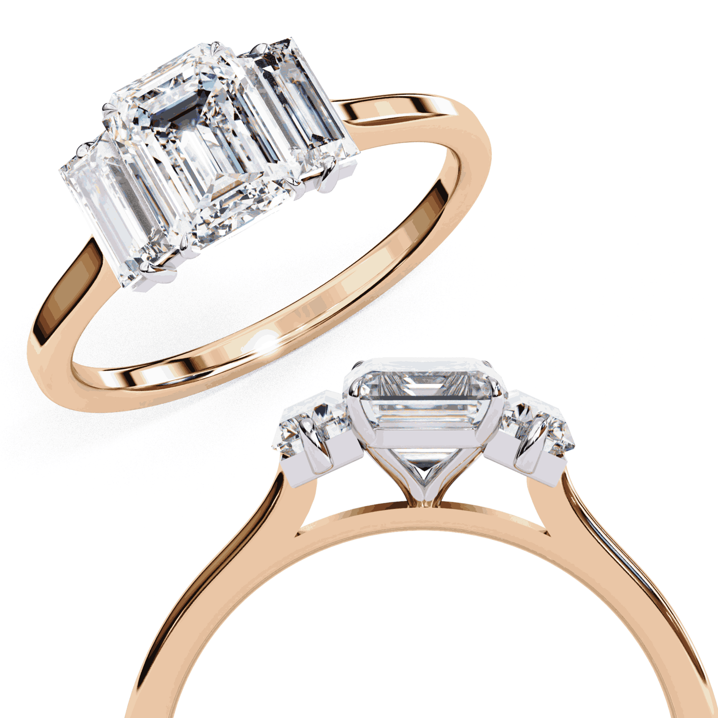 Emerald Cut Lab Grown Diamond Three Stone Engagement Ring with Baguette Side Stones