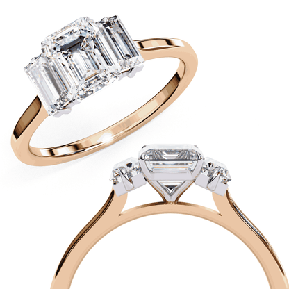 Emerald Cut Lab Grown Diamond Three Stone Engagement Ring with Baguette Side Stones