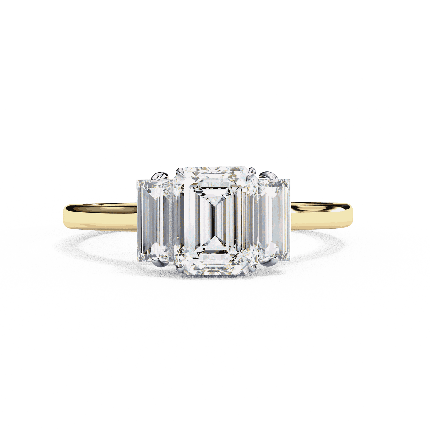 Emerald Cut Lab Grown Diamond Three Stone Engagement Ring with Baguette Side Stones