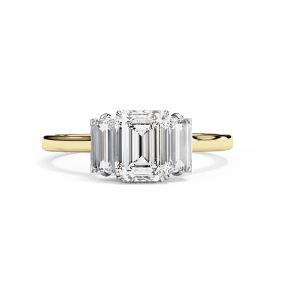 Emerald Cut Lab Grown Diamond Three Stone Engagement Ring with Baguette Side Stones