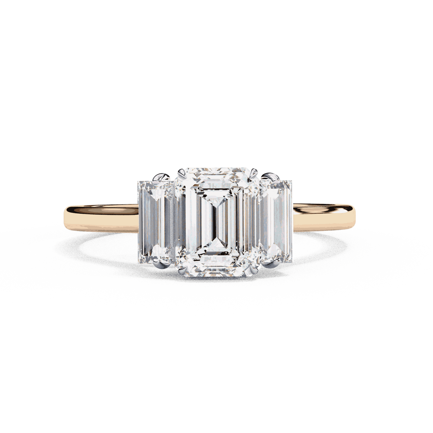 Emerald Cut Lab Grown Diamond Three Stone Engagement Ring with Baguette Side Stones