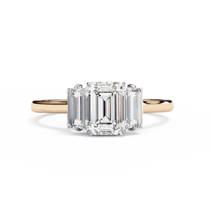 Emerald Cut Lab Grown Diamond Three Stone Engagement Ring with Baguette Side Stones