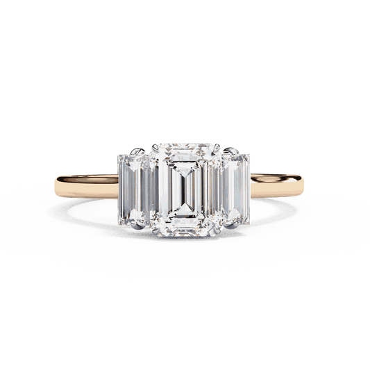 Emerald Cut Lab Grown Diamond Three Stone Engagement Ring with Baguette Side Stones
