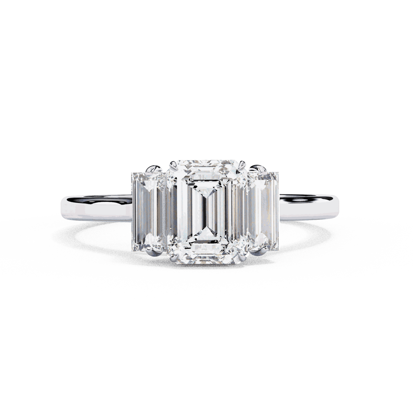 Emerald Cut Lab Grown Diamond Three Stone Engagement Ring with Baguette Side Stones