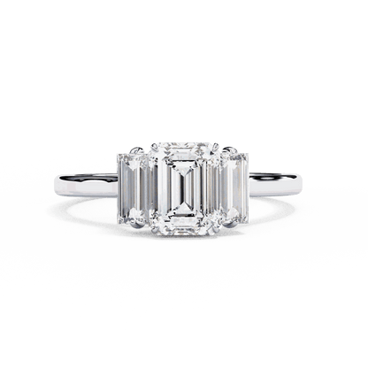 Emerald Cut Lab Grown Diamond Three Stone Engagement Ring with Baguette Side Stones