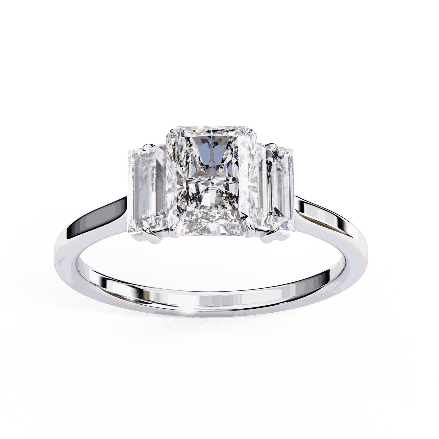 Radiant Cut Lab Grown Diamond Three Stone Engagement Ring with Baguette Side Stones