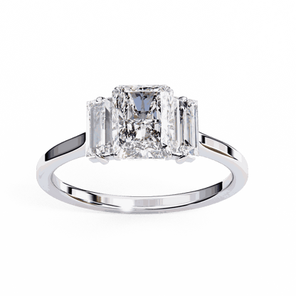 Radiant Cut Lab Grown Diamond Three Stone Engagement Ring with Baguette Side Stones