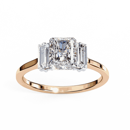 Radiant Cut Lab Grown Diamond Three Stone Engagement Ring with Baguette Side Stones