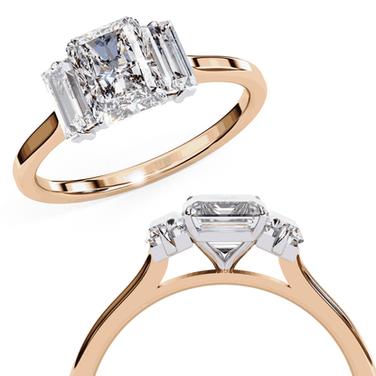 Radiant Cut Lab Grown Diamond Three Stone Engagement Ring with Baguette Side Stones