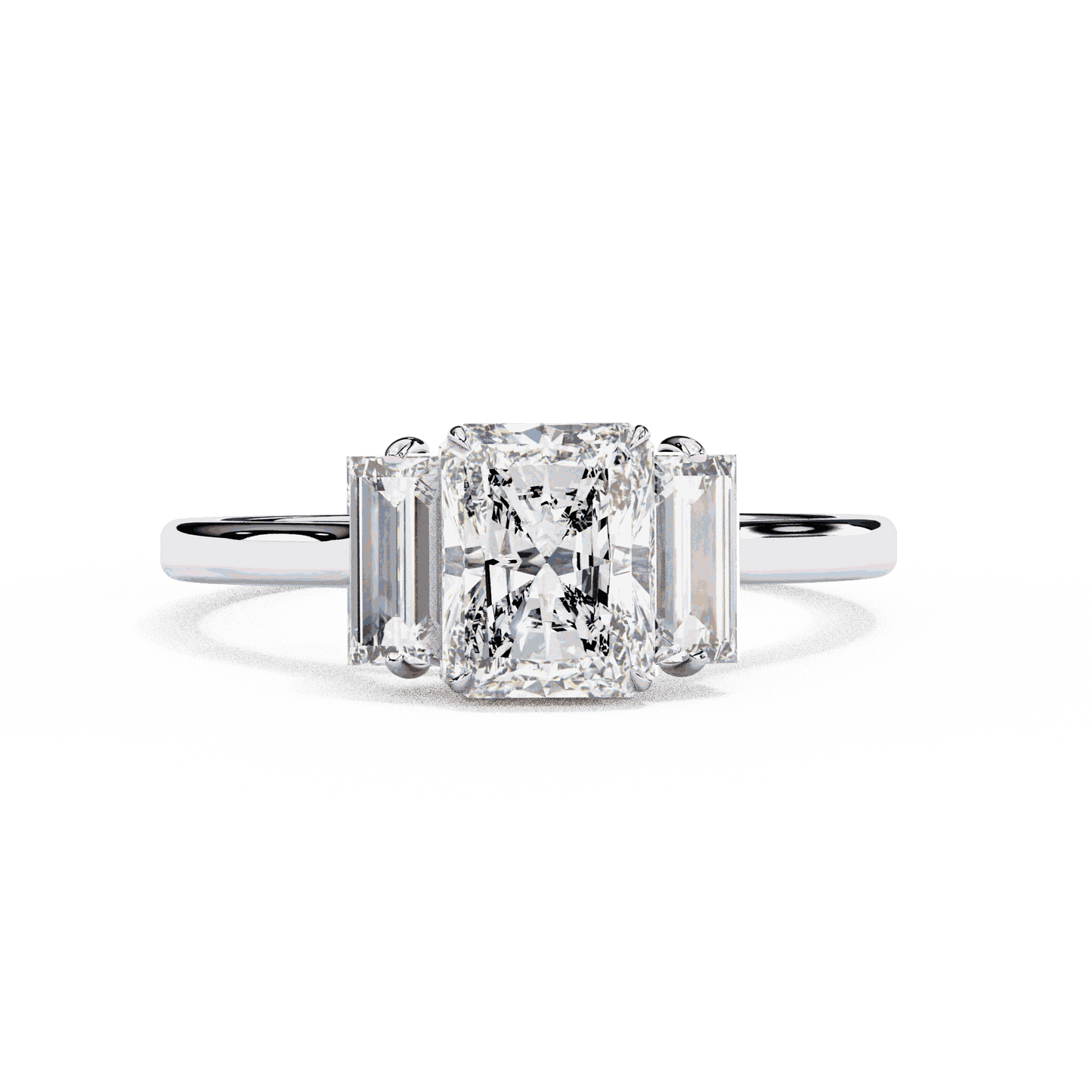 Radiant Cut Lab Grown Diamond Three Stone Engagement Ring with Baguette Side Stones