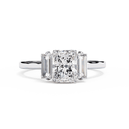 Radiant Cut Lab Grown Diamond Three Stone Engagement Ring with Baguette Side Stones