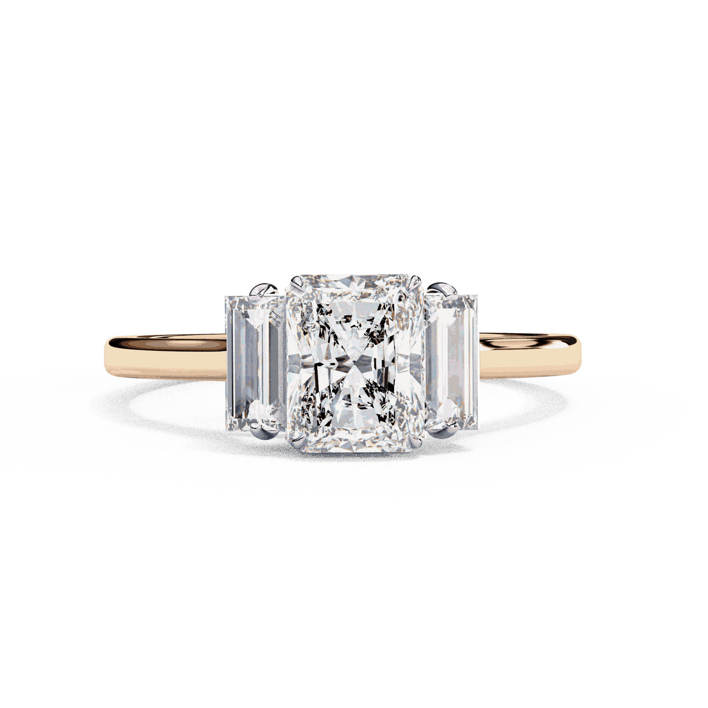 Radiant Cut Lab Grown Diamond Three Stone Engagement Ring with Baguette Side Stones