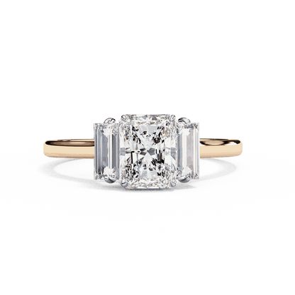 Radiant Cut Lab Grown Diamond Three Stone Engagement Ring with Baguette Side Stones
