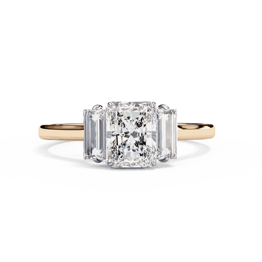 Radiant Cut Lab Grown Diamond Three Stone Engagement Ring with Baguette Side Stones