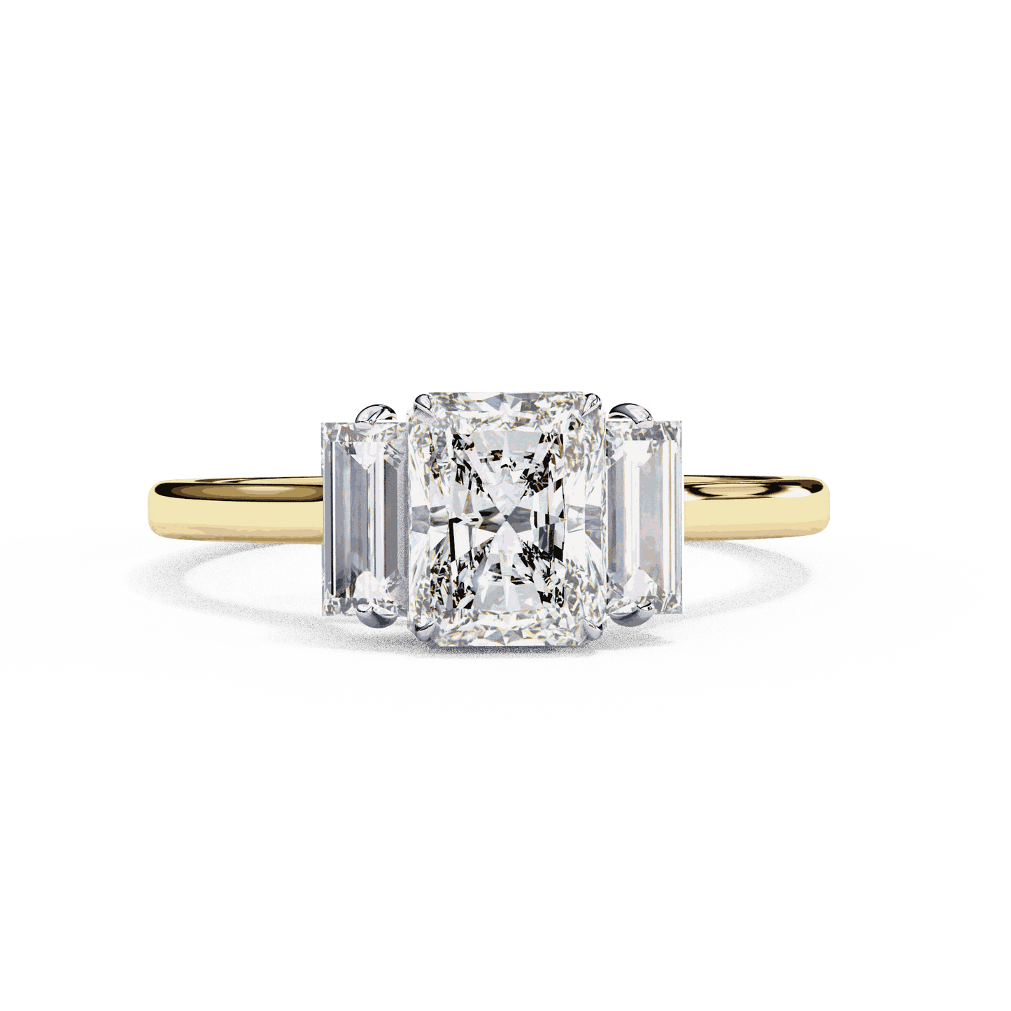 Radiant Cut Lab Grown Diamond Three Stone Engagement Ring with Baguette Side Stones