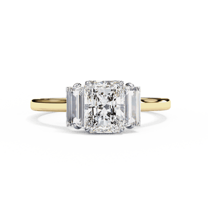 Radiant Cut Lab Grown Diamond Three Stone Engagement Ring with Baguette Side Stones