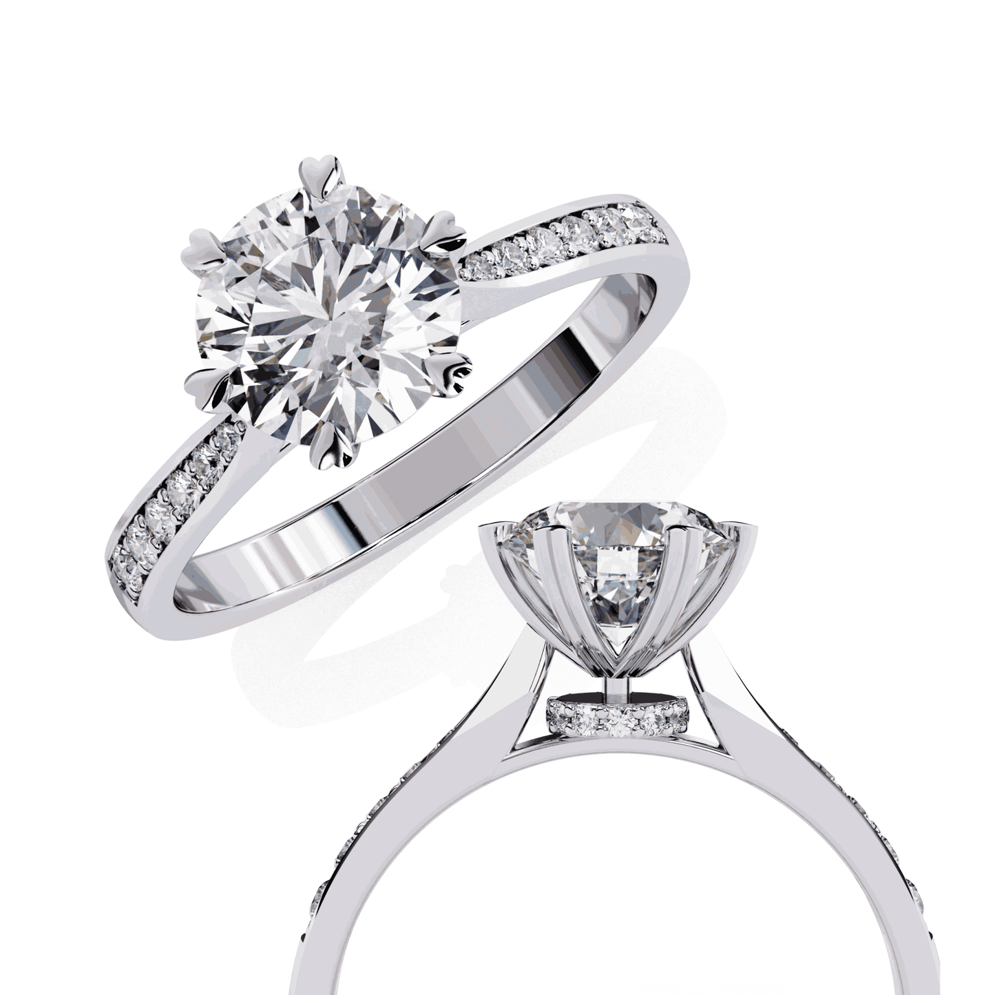 Round Cut Lab Grown Diamond Pavé Engagement Ring with Six Prong Hidden Halo Gallery
