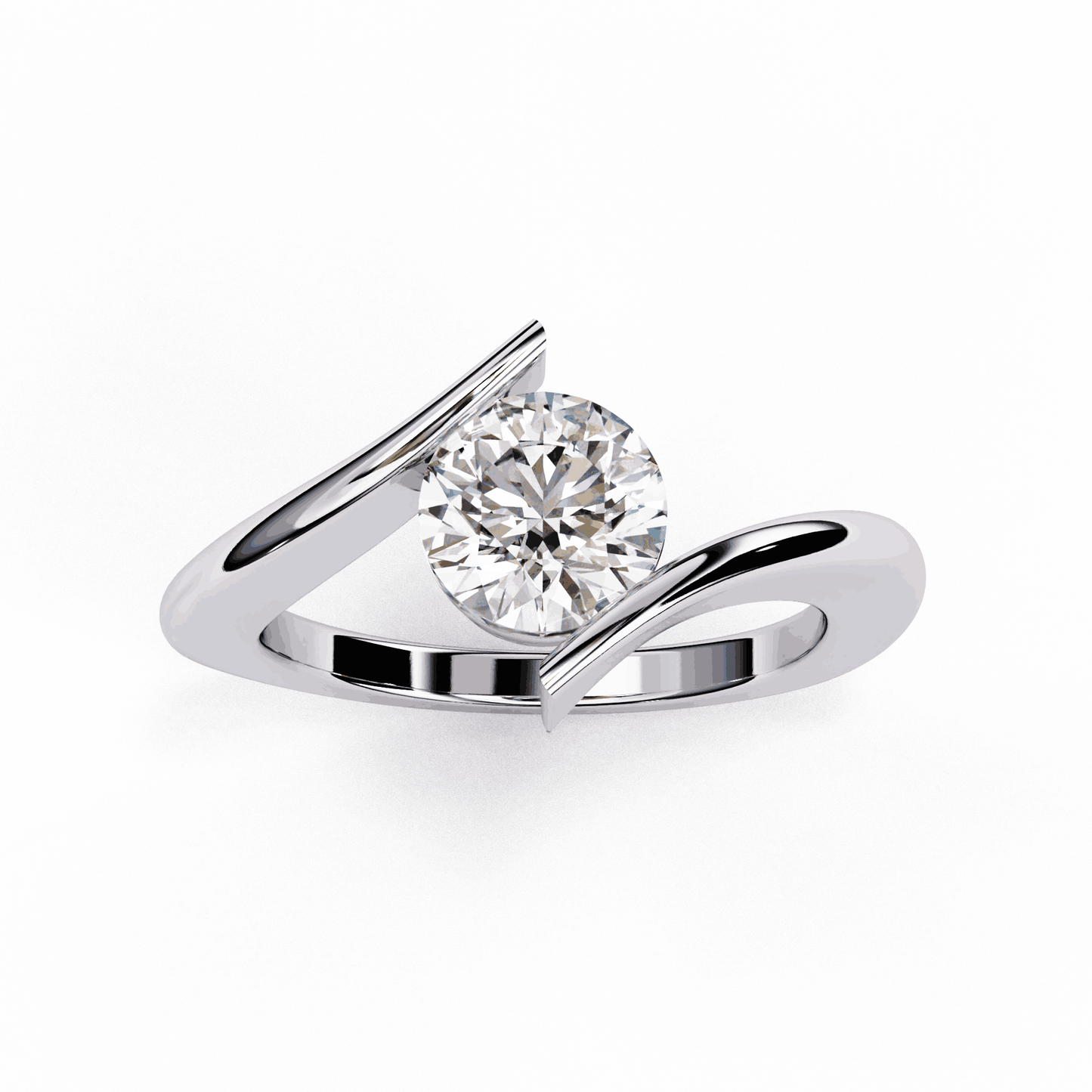 Round Cut Lab Grown Diamond Bezel Engagement Ring with Tension Style Bypass Shank