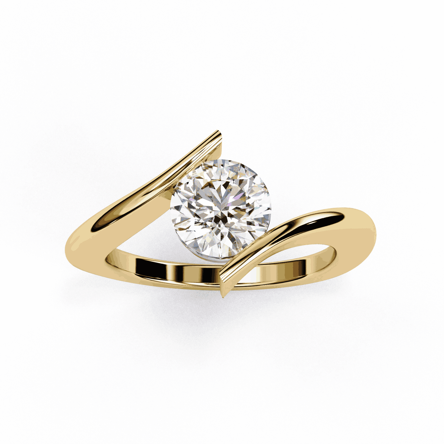 Round Cut Lab Grown Diamond Bezel Engagement Ring with Tension Style Bypass Shank
