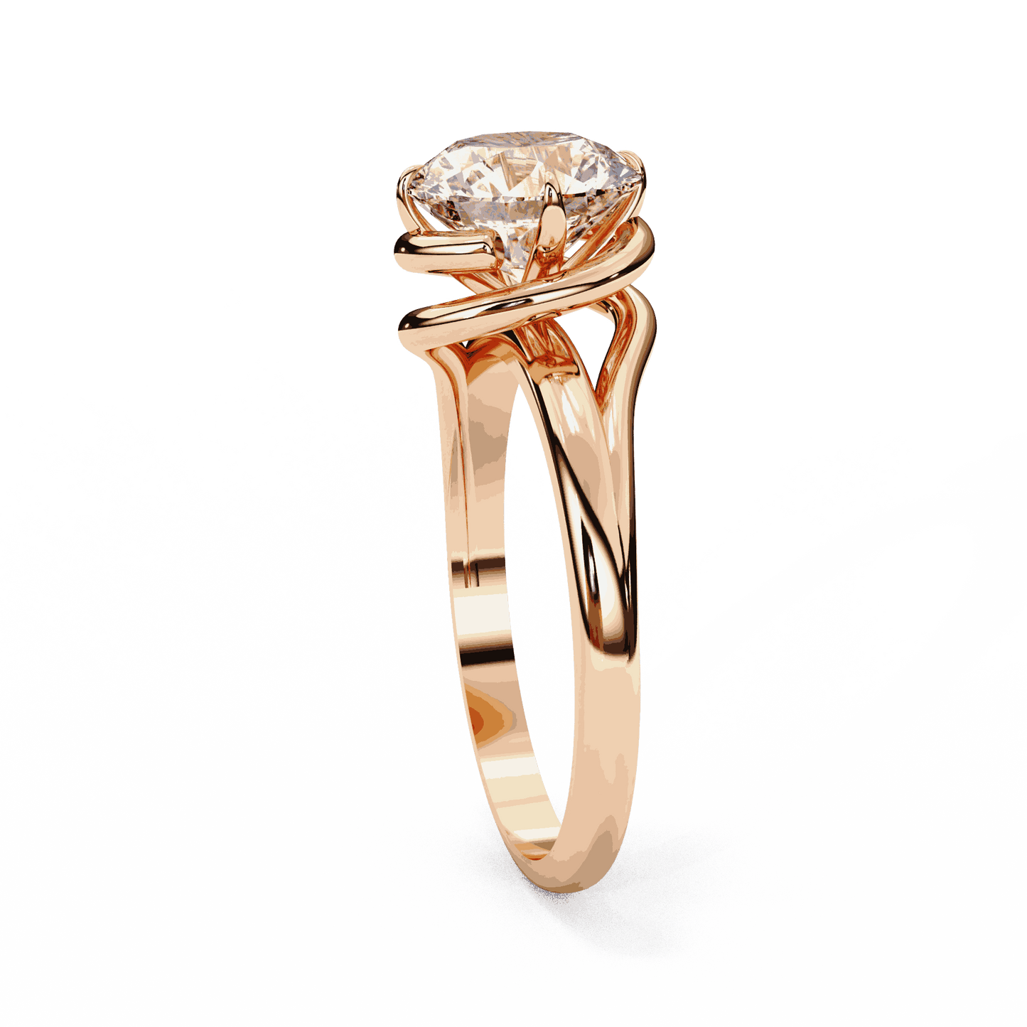 Round Cut Lab Grown Diamond Solitaire Engagement Ring with Swirl Wrap Split Shank