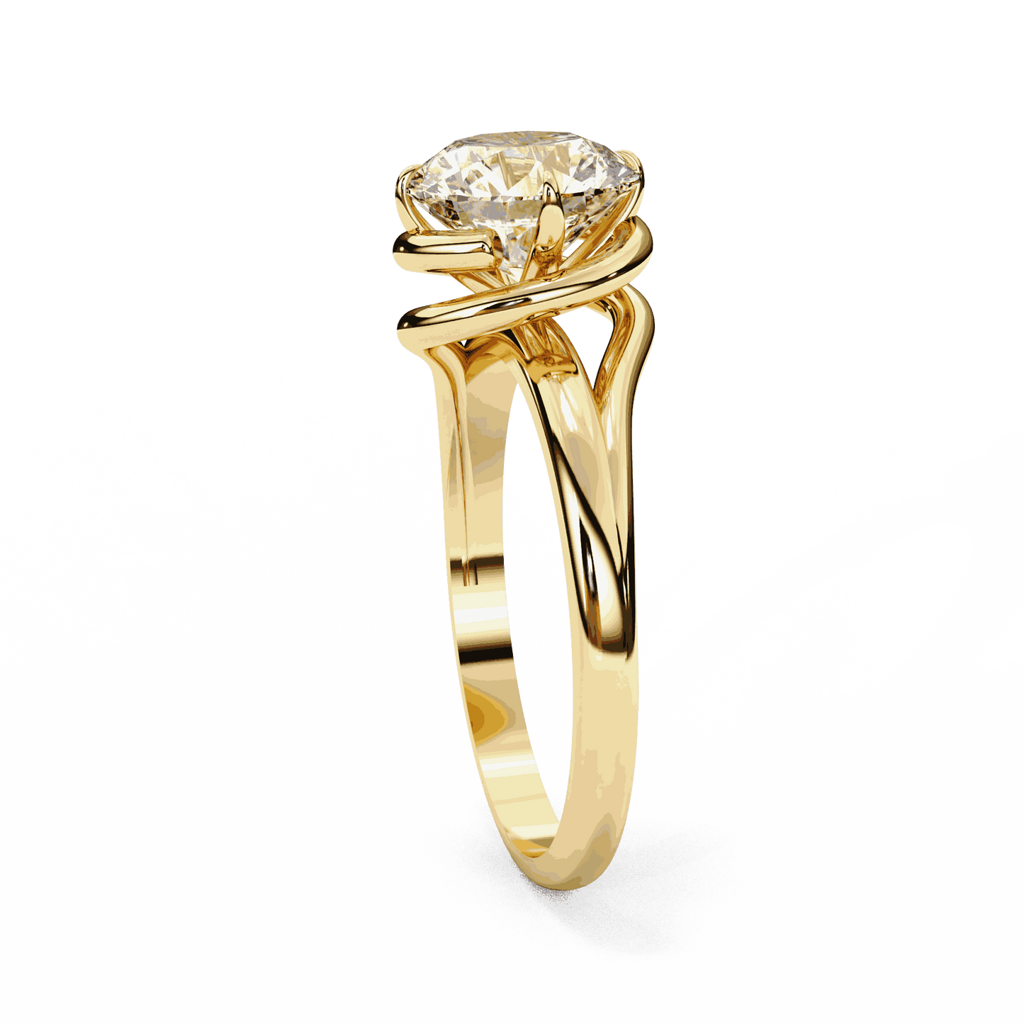 Round Cut Lab Grown Diamond Solitaire Engagement Ring with Swirl Wrap Split Shank